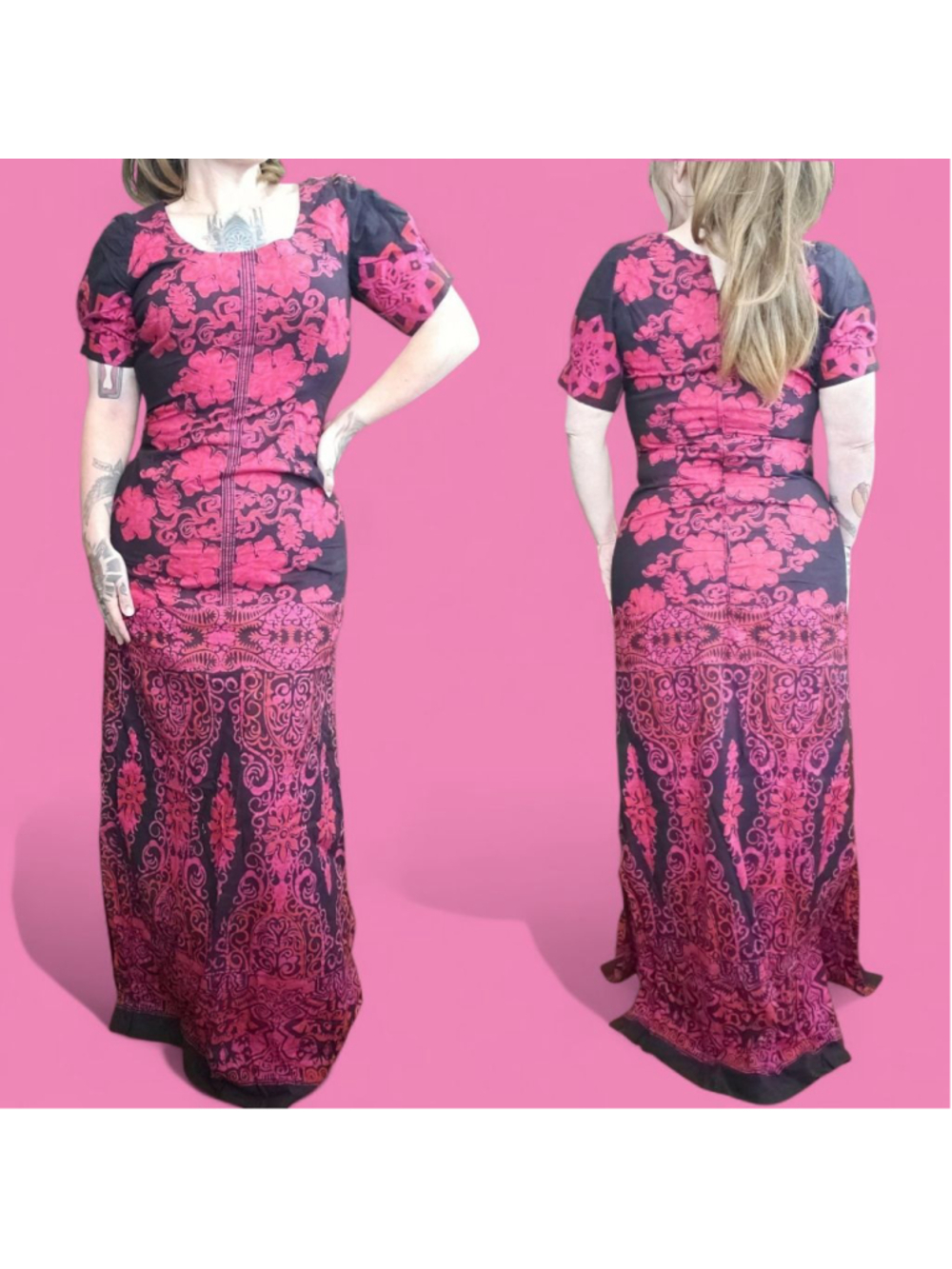 Vintage 1970s Hawaiian Tiki Batik Print Column Maxi Dress
